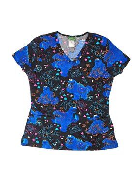 Sesame Street Cookie Monster Women Scrub Top Size Medium Black Blue Nom Munchies